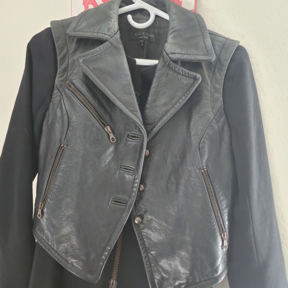 Rag & Bone Black Leather Jacket with Coat Overlay - Picture 15 of 16